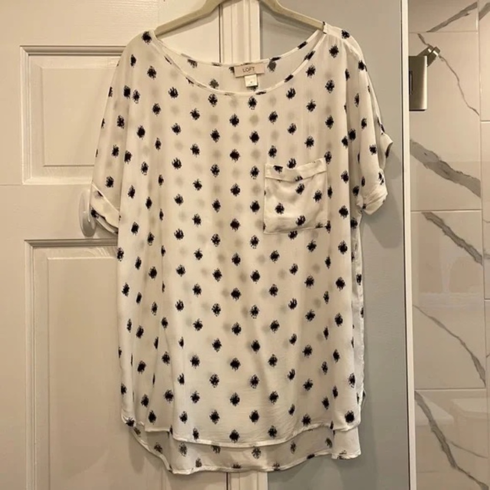 LOFT Flowy Sheer White Short Sleeve Blouse with Black Print